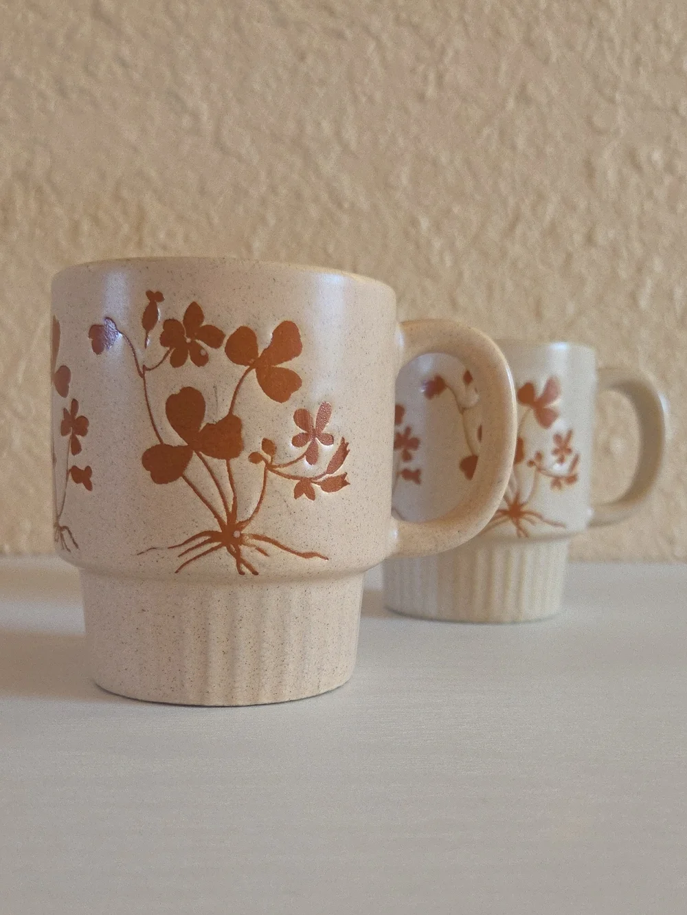 Vintage Floral Stoneware Mugs - Cream with Brown Floral Print